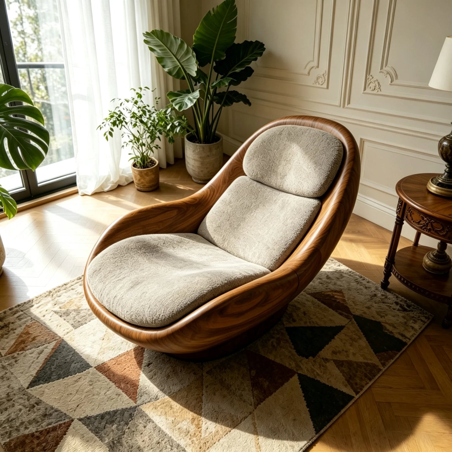 Modern Luxury Swivel Accent Chair with Sculptural Walnut Frame and Soft Boucle Upholstery