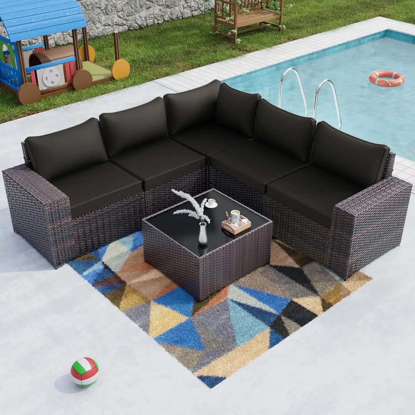 6PCS Outdoor Patio Furniture Set PE Wicker Rattan Sectional Sofa Patio Conversation Sets, Customized