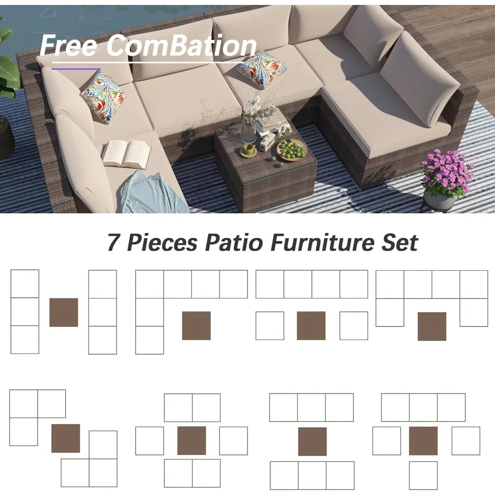 7 Piece Patio Furniture Set, Outdoor Patio Conversation Set, All-Weather Rattan Wicker Sectional Sofa Couch w Water Resistant Th