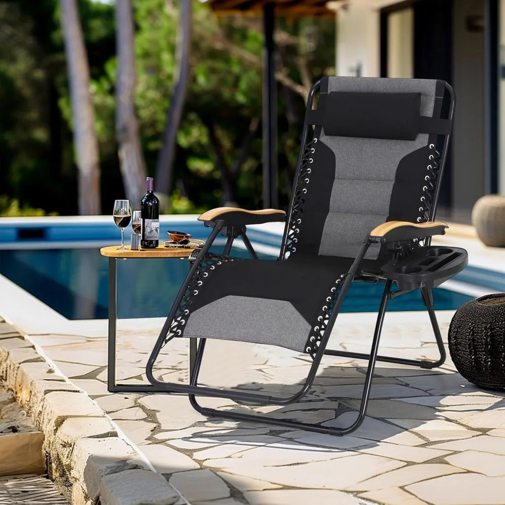 Zero Gravity Chairs, Oversized Patio Recliner Chair, Padded Folding Lawn Chair with Cup Holder Tray, Support 400lbs, Black