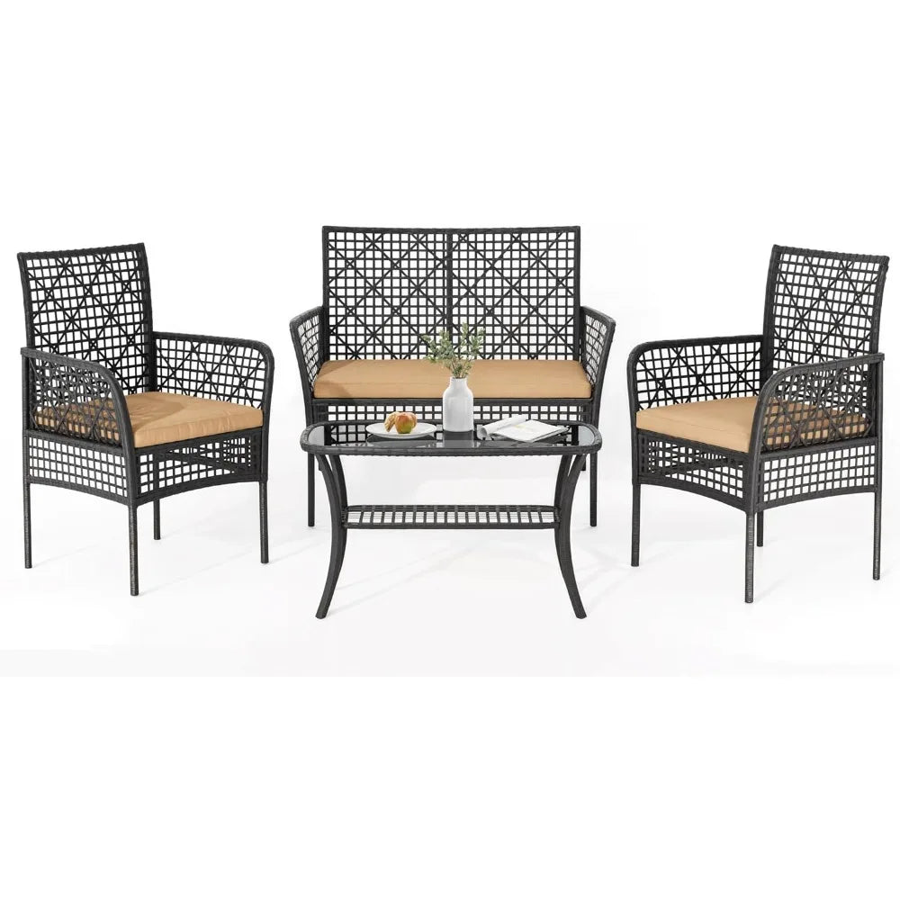 4 Piece Patio Furniture Set, Outdoor Wicker Chairs Rattan Conversation Sets with Cushions and Glass Coffee Table for Porch Garde
