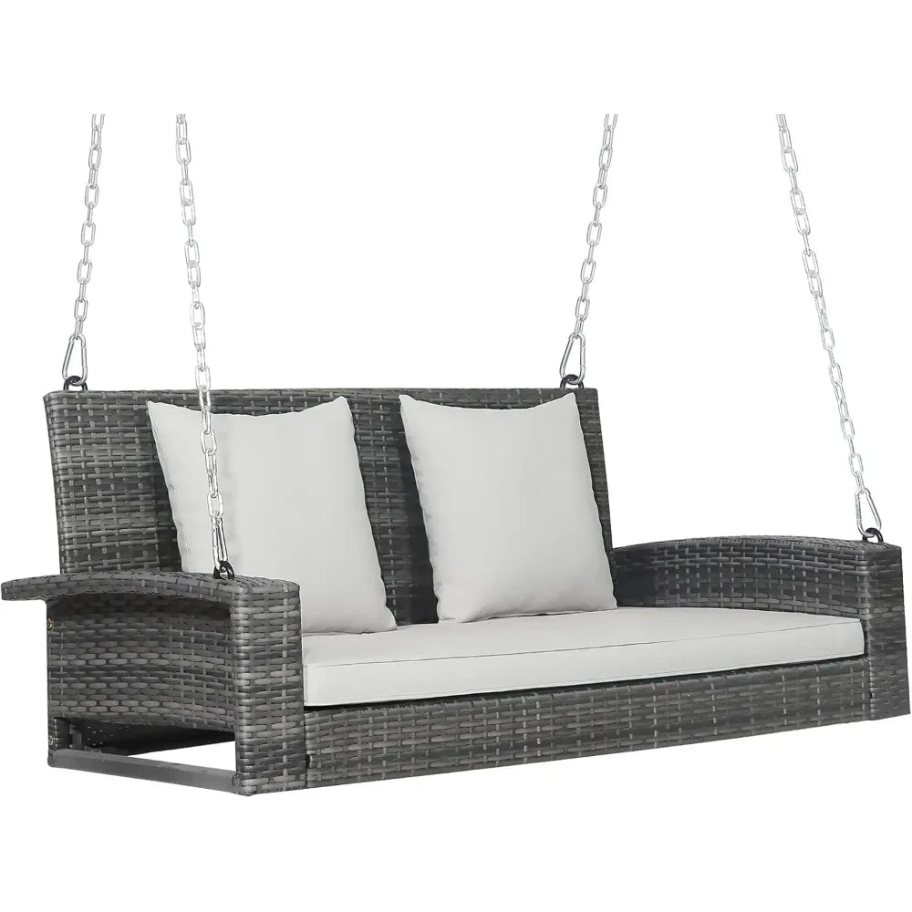 Outdoor Porch Swing Bench, 2-Person Hanging Swing Bench with Heavy Duty Frame, Patio Wicker Hanging Swing with Rustpr