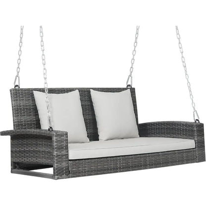 Outdoor Porch Swing Bench, 2-Person Hanging Swing Bench with Heavy Duty Frame, Patio Wicker Hanging Swing with Rustpr