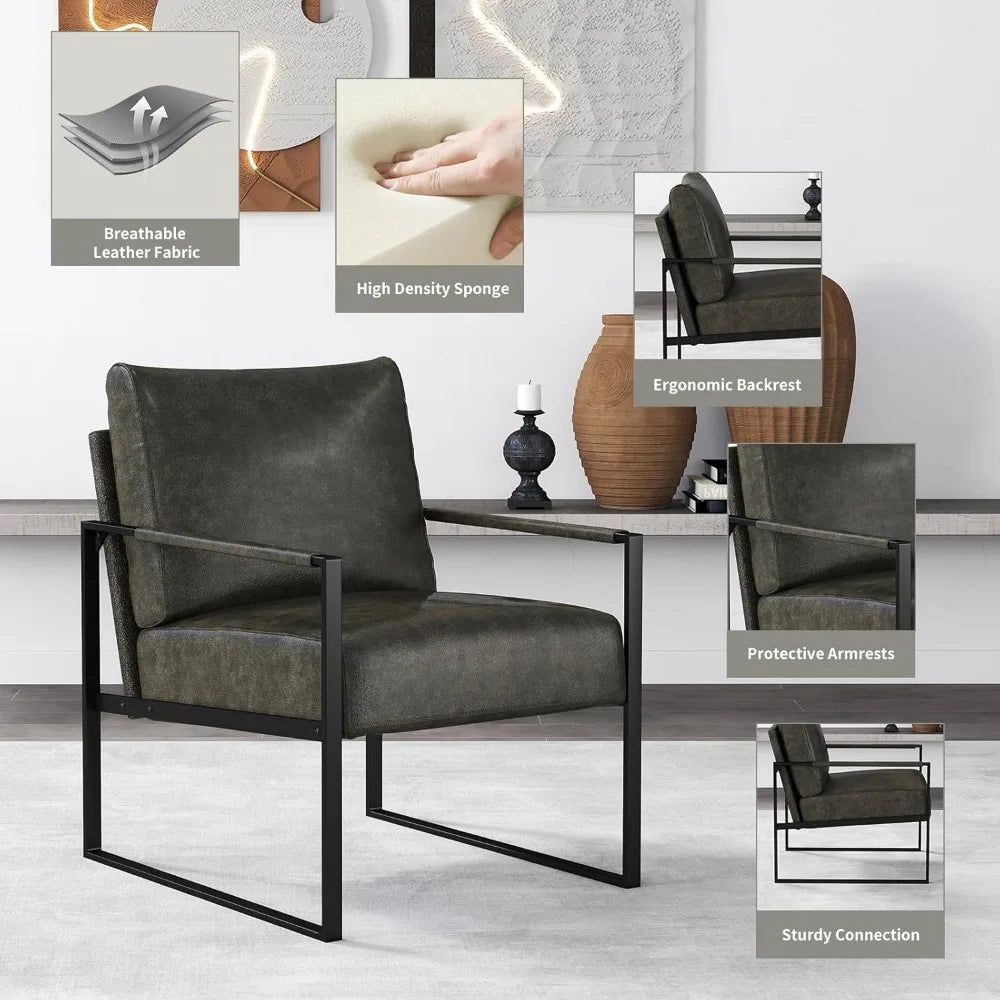 Mid Century Modern Accent Chair, PU Leather Armchair with Metal Frame,Comfy Single Reading Chair with Soft Padded Backrest and