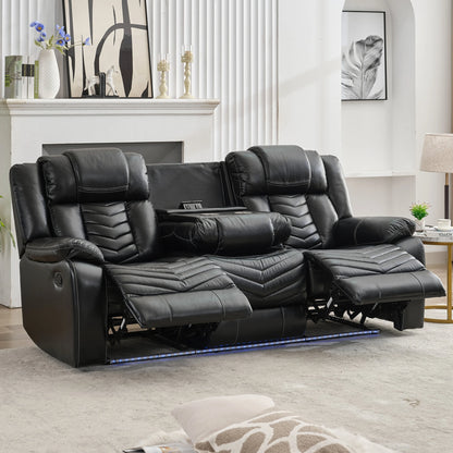 3 Seats Manual Reclining Sofa with Wireless Charger,LED Floor Lights, Drop-down Table, USB/Type-C Port (M073)