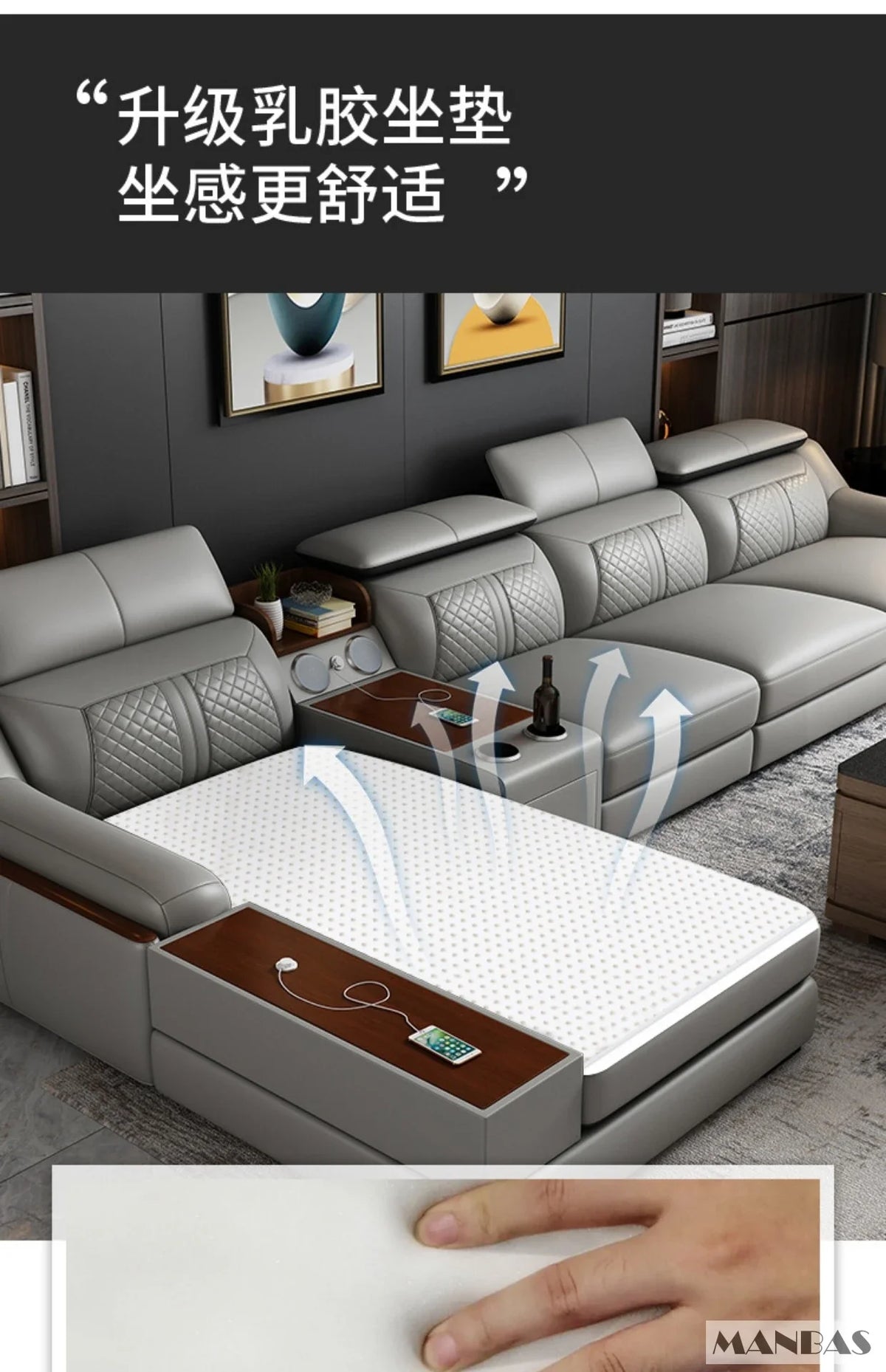 Modern Italian Genuine Leather Sofa for Living Room with Cup Holder, USB, Adjustable Headrests & Bluetooth Speaker - Linlamlim