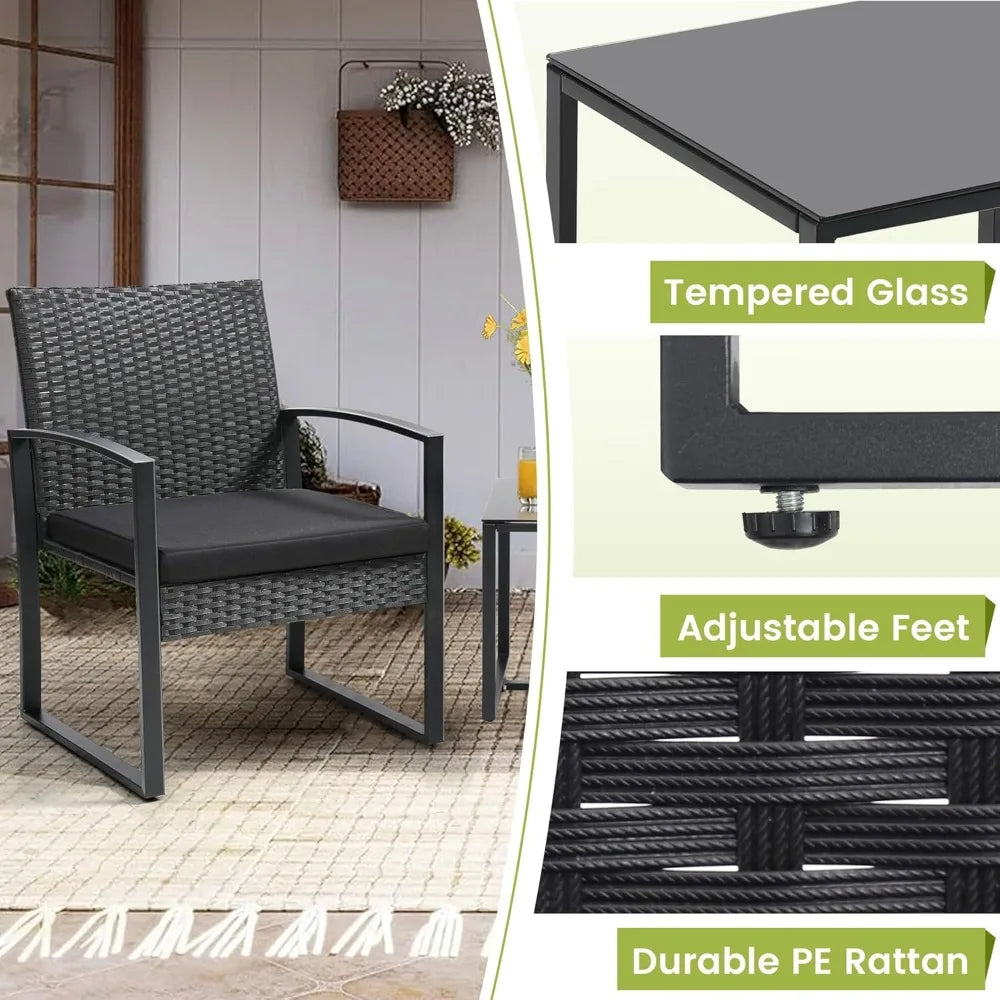 3 Piece Wicker Patio Bistro Set, Rattan Conversation Set with Coffee Table, for Balcony, Porch, Garden, Yard, Poolside, Black Fr