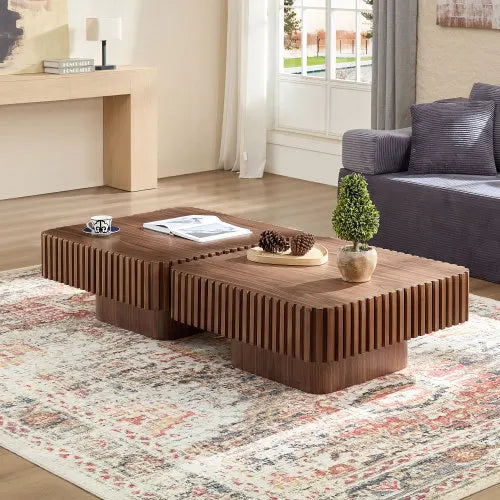 Modern Handcraft Drum Coffee Table Square Coffee Table for Living Room,Small Wooden Coffee Table,Walnut Color