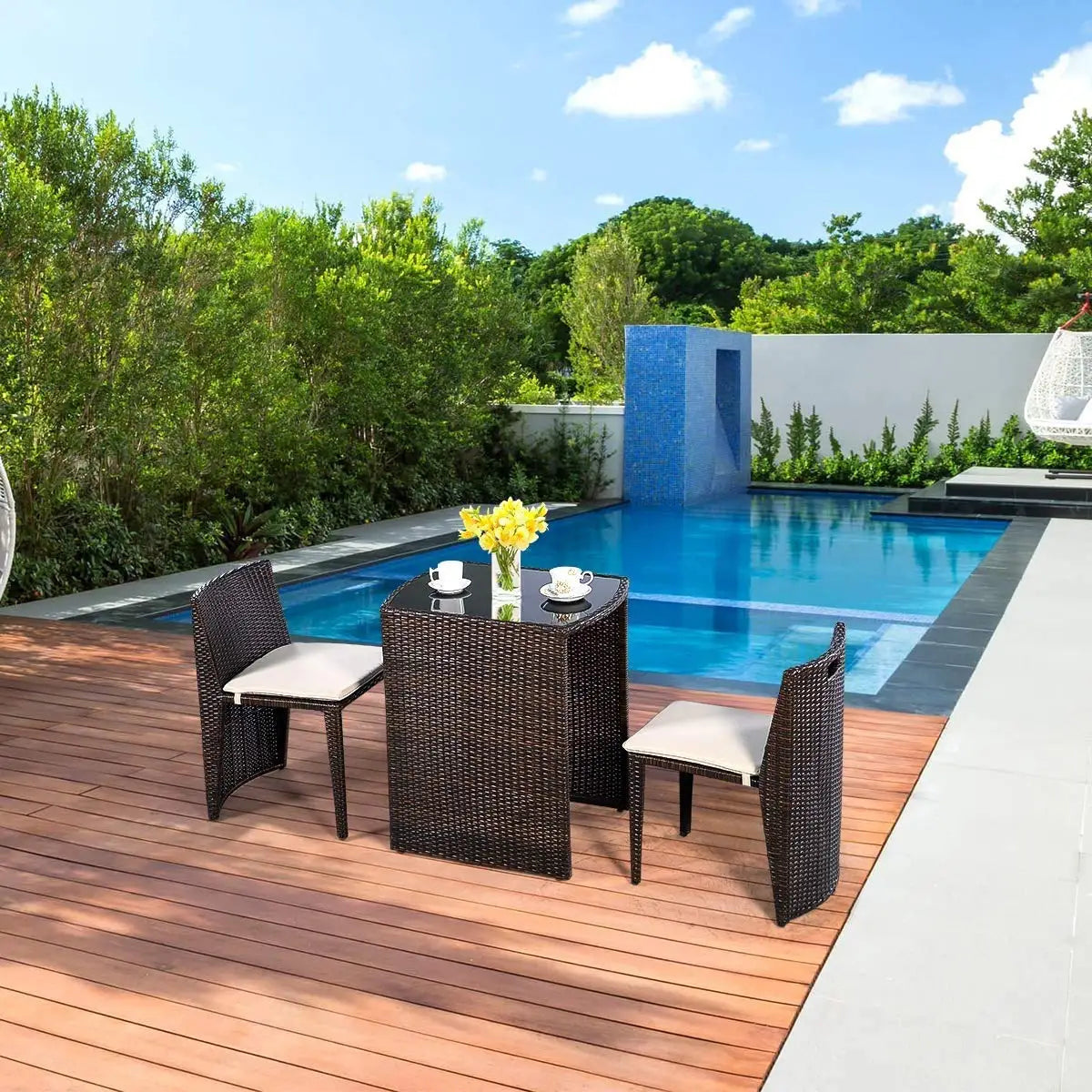 Wicker Bistro Set, 3 Piece Rattan Patio Furniture Set w/Tempered Glass Dining Table and Cushions, Conversation Bistro Sofa Set f