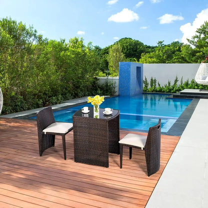 Wicker Bistro Set, 3 Piece Rattan Patio Furniture Set w/Tempered Glass Dining Table and Cushions, Conversation Bistro Sofa Set f