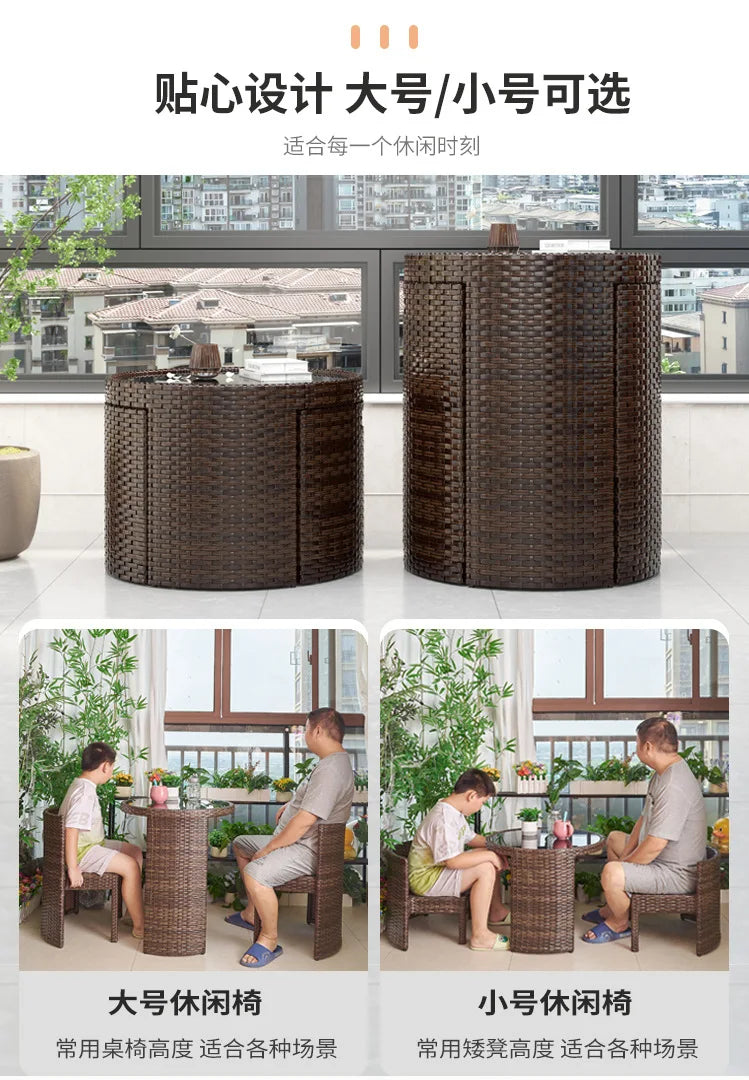 Balcony Small Table and Chair Tea Table and Chair Kit Outdoor Garden Combination Leisure Storage Rattan Knitting Small Table and