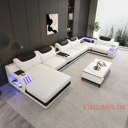 Modern Genuine Leather Massage Sectional Sofa Bed with Adjustable Headrests & LED Lights, Recliner Couch Set with Storage & USB