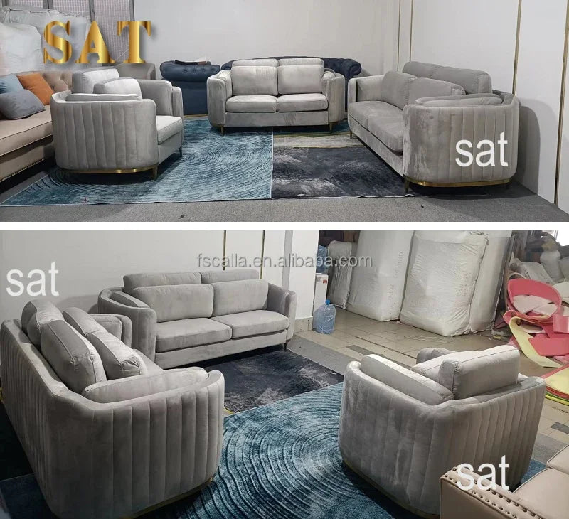 Luxury Couch Living Room Furniture Curved Vanity Home Fabric Sofa Set Gold Stainless Steel Leg Upholstery Velvet Sofas