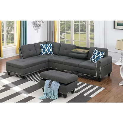 4-Seat Linen Sectional Sofa Set 3 Pieces with Cup Holders and Coffee Table for Home Office Dark Gray