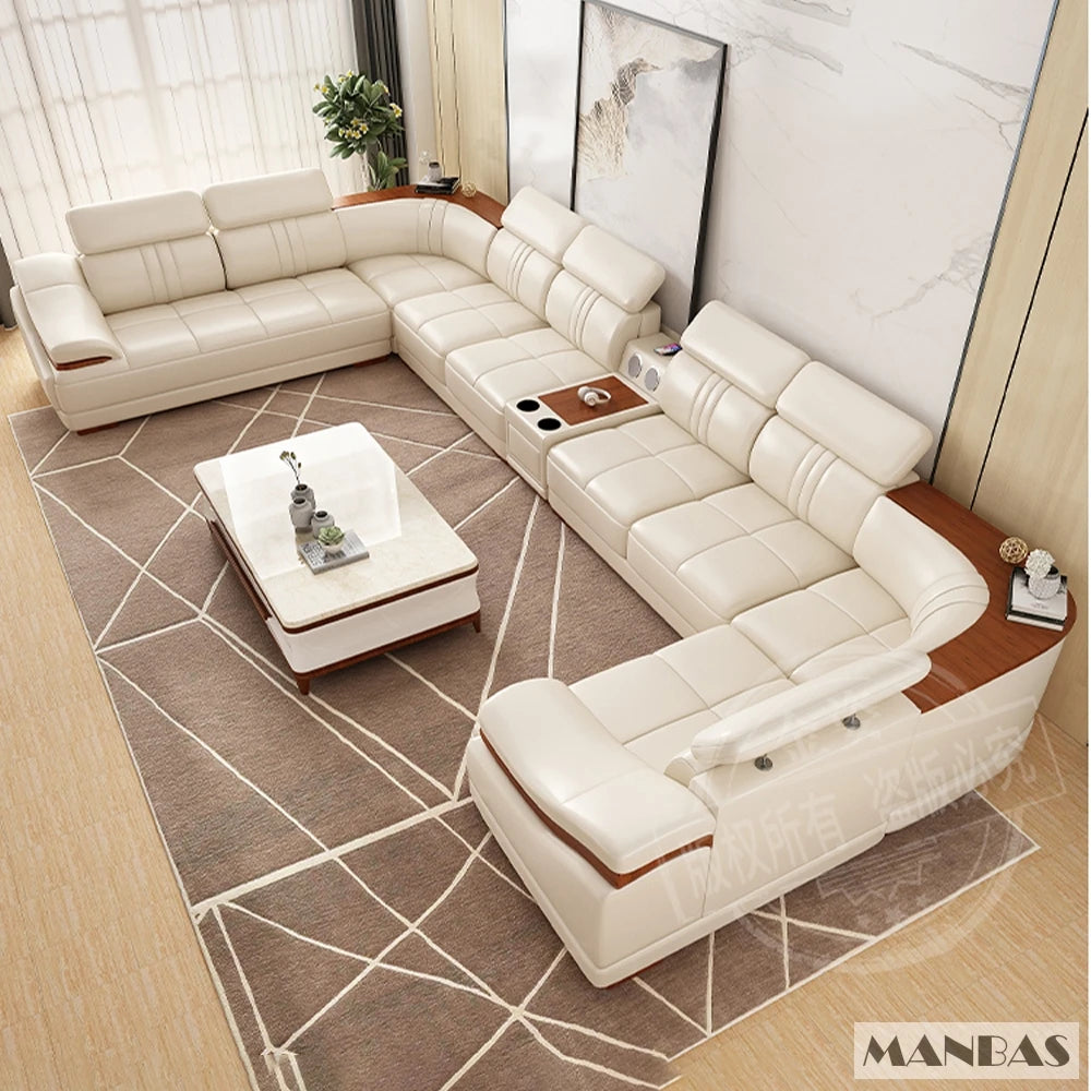 Elegant Leather Sectional Sofas Sets with Cup Holder, Adjustable Headrests & Bluetooth Speaker - MINGDIBAO Living Room Couches