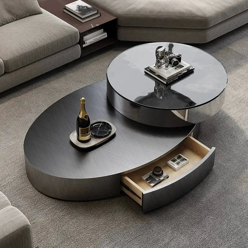 Italian Luxury Oval Coffee Tables Modern Minimalist Rotatable Center Coffee Table Set Stainless Steel Living Room Furniture FYCT