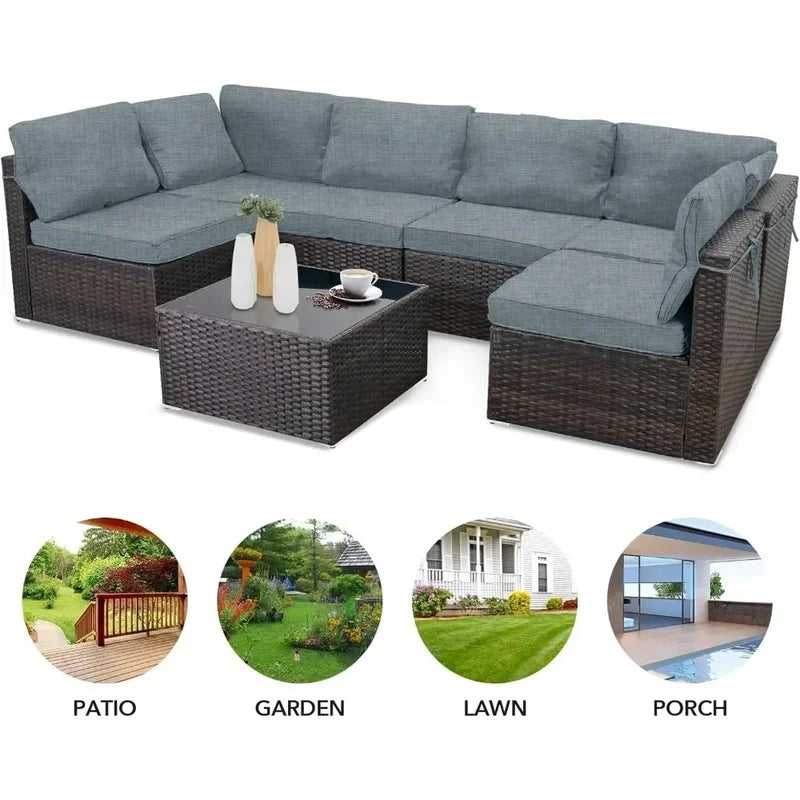 Outdoor Patio Furniture Set, Wicker Sofa with Tea Table, Rattan Conversation Sectional Set