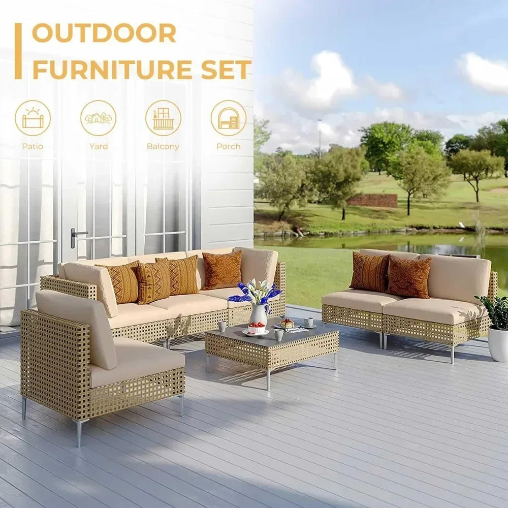 Garden Sofas 7-Piece Wicker Patio Furniture Set, All-Weather Boho Outdoor Conversation Set Sectional Sofa  Garden Sofas