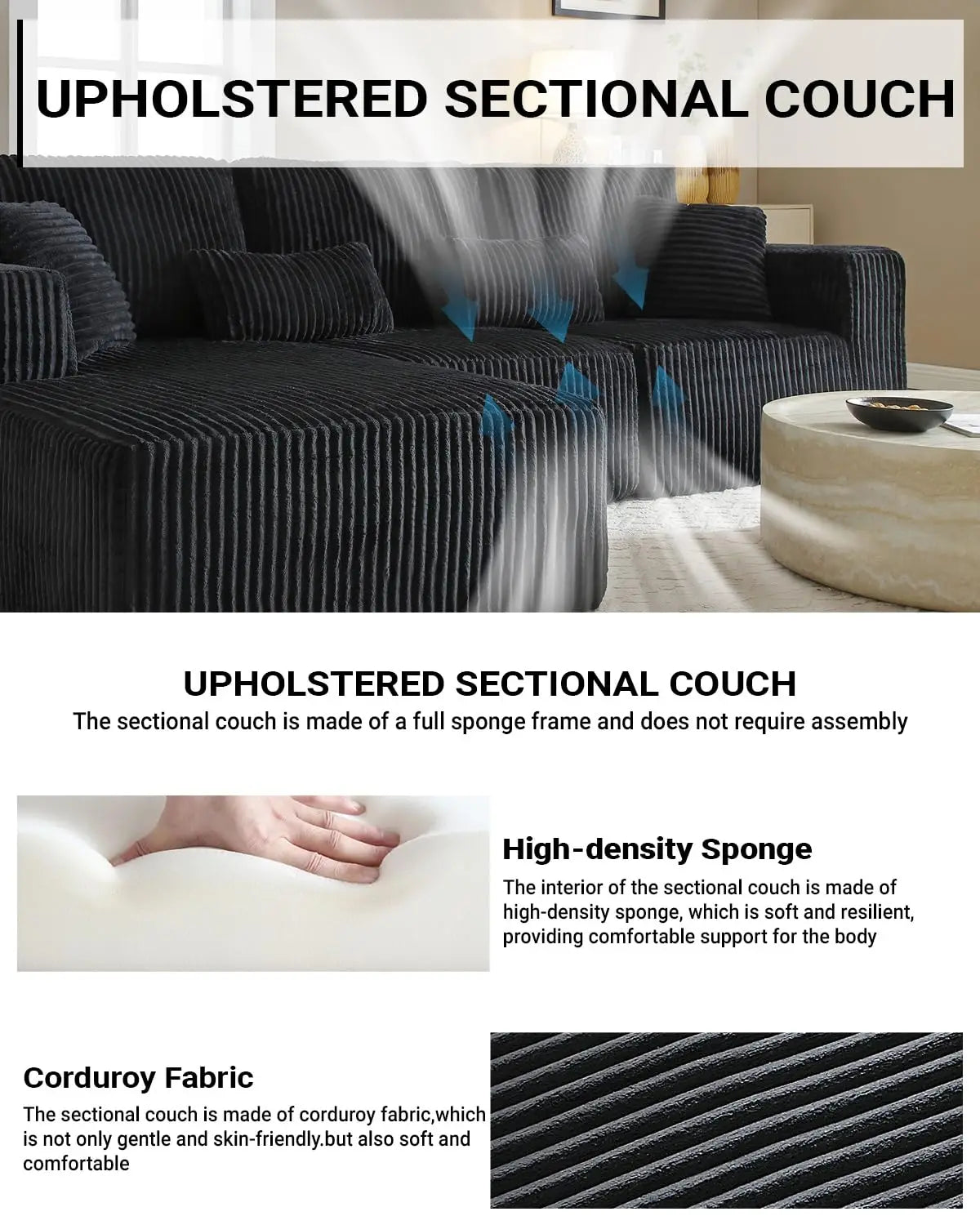110" Cloud Sectional Couch, Modular Sectional Sofa with Deep Seat, Corduroy Upholstered Boneless Couch for Living Room Bedroom,