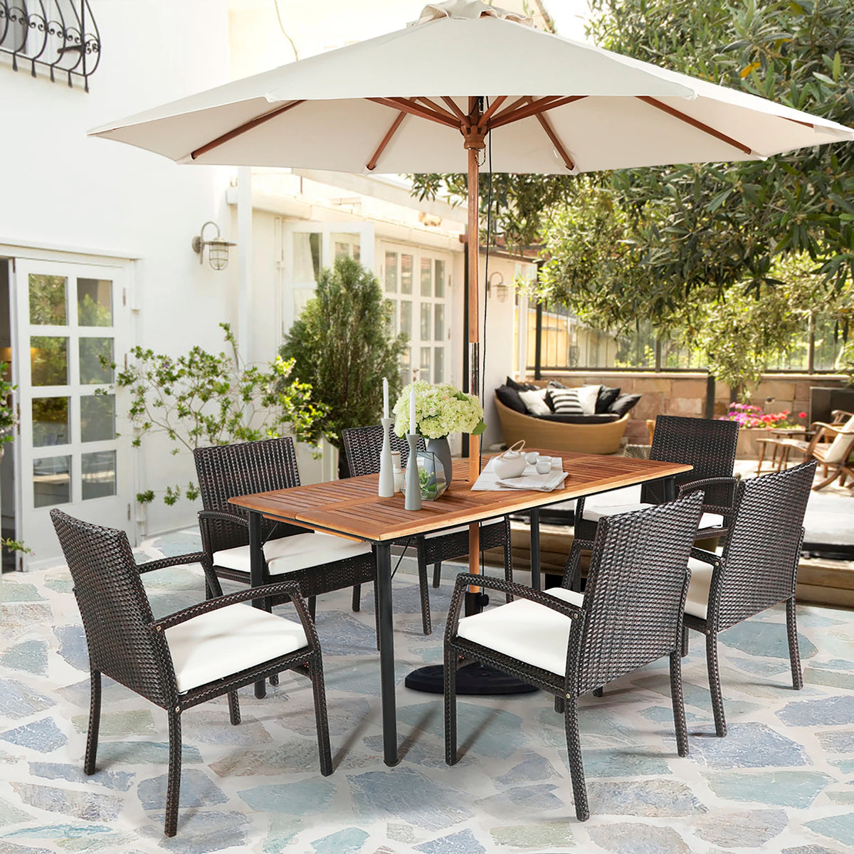 7PCS Patio Rattan Dining Set Chair Wooden Table Top W/Umbrella Hole