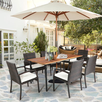 7PCS Patio Rattan Dining Set Chair Wooden Table Top W/Umbrella Hole