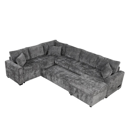 112.2" Sectional Sofa Pull-out Sofa Bed Sleeper with a Storage Ottoman,Three Pillows and Charging Devices for Living Room, Grey