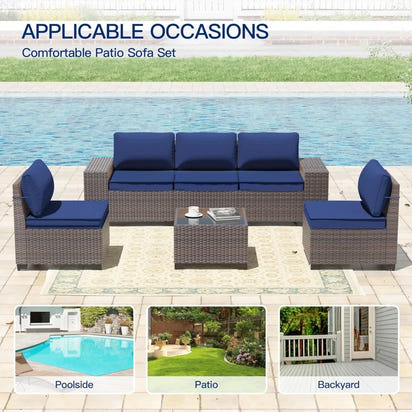 6-Piece Patio Furniture Set with Glass Top Tea Table, PE Rattan Wicker Conversation Set, Washable Cushions, Outdoor Patio