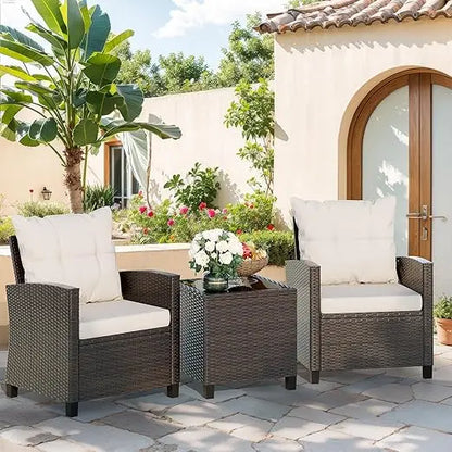 Cushioned Outdoor Wicker Bistro Set for Small Patio Spaces with Conversation Chairs and Rattan Design