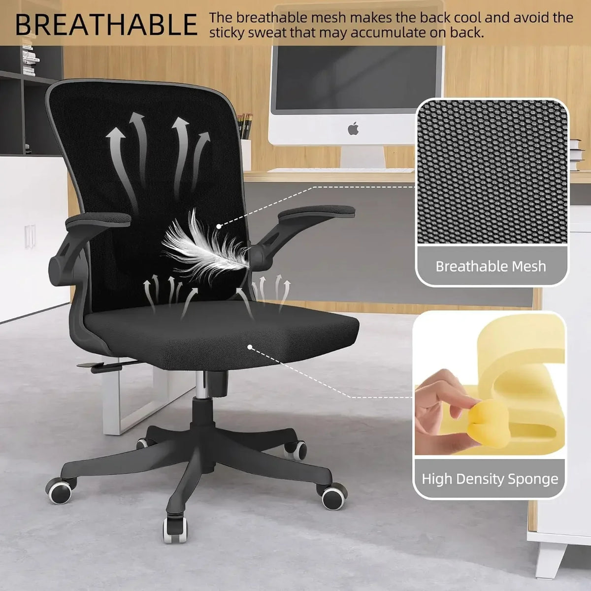 Office Chair, Ergonomic Office Chair Desk Chair with Lumbar Support & 2D Flip-up Arms Height Adjustable Home