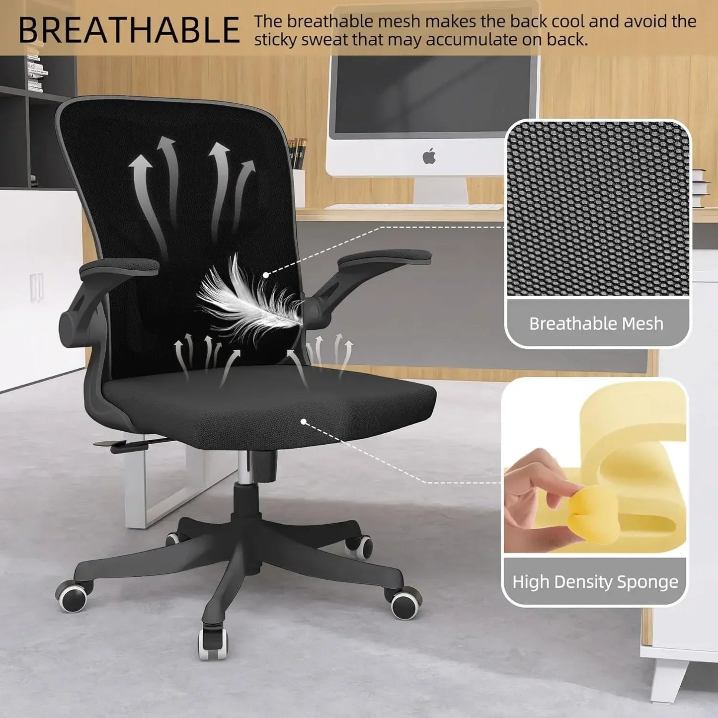 Office Chair, Ergonomic Office Chair Desk Chair with Lumbar Support & 2D Flip-up Arms Height Adjustable Home