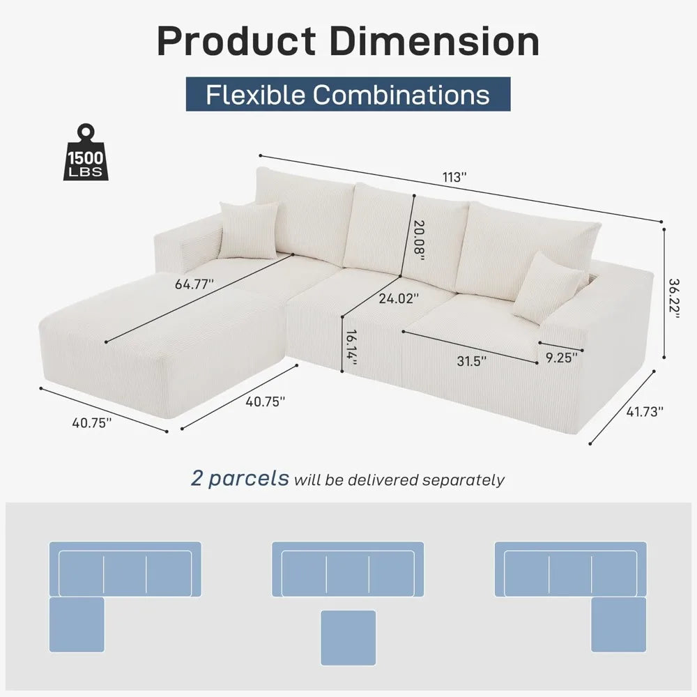 Luxury Sectional Cloud Boneless Sofa Couches | 113'' 3 Seater U-Shaped Modern Lounge Couch | No Assembly Modular for Living Room