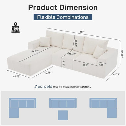 Luxury Sectional Cloud Boneless Sofa Couches | 113'' 3 Seater U-Shaped Modern Lounge Couch | No Assembly Modular for Living Room