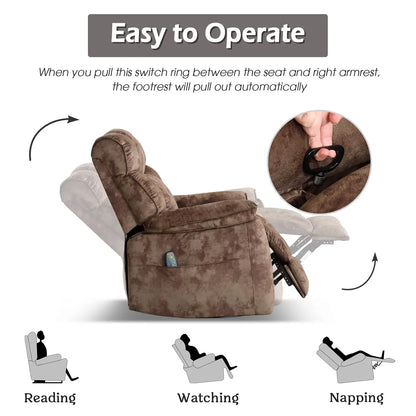 Oversized Rocker Recliner with Heat & Massage Manual Swivel Soft Fabric Brown, Customized