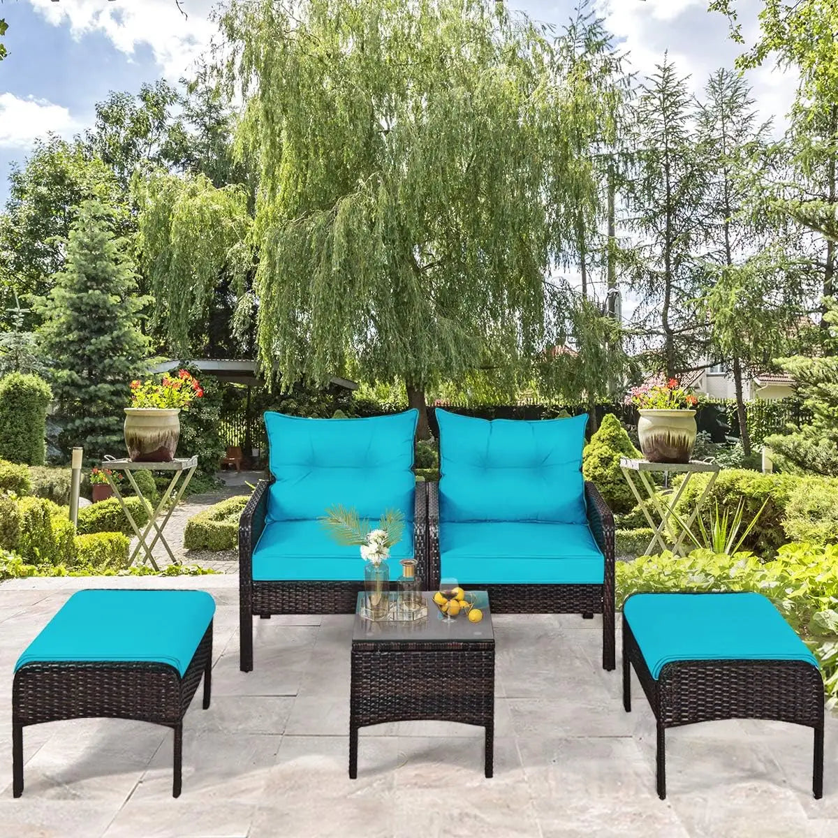 5Pieces Patio Furniture Set Outdoor Rattan Wicker Conversation Set with Coffee Table Cushioned Sofas and Ottoman Chat Set for G