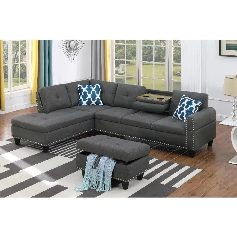 4 Seat Linen Upholstered Sectional Sofa Set 3 PCS W/Cup Holders & Coffee Table,for Home,Office,Dark Gray