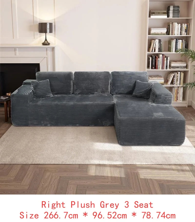 L-Shaped Modular Cloud Sectional Sofa with Deep Seat, Upholstered in Plush Corduroy Fabric, No Assembly Needed, Grey for Living