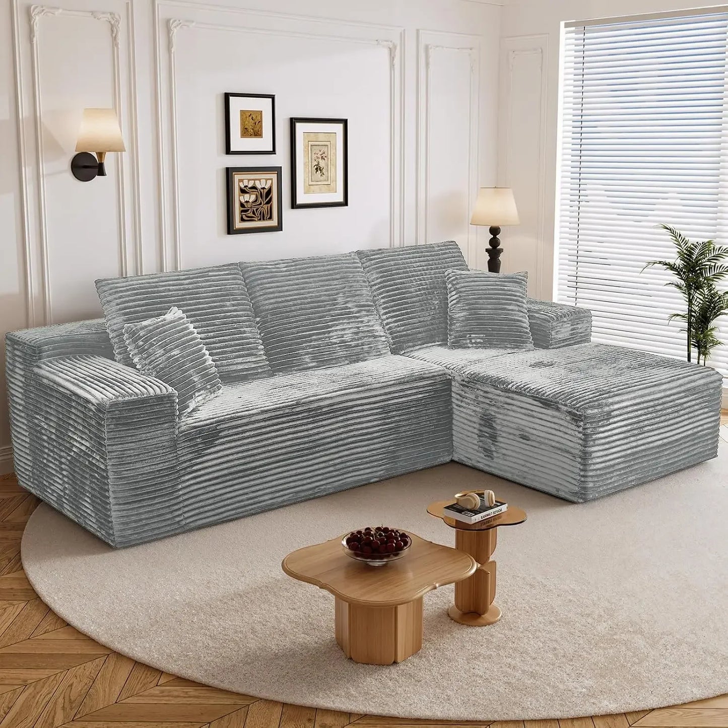 108" L Shaped Boneless Sectional Couches for Living Room, Comfy Corduroy Floor Cloud Sofa with Chaise, Wide Armrest, Deep Seat