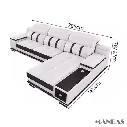 Modern Genuine Leather Sofa Living Room By MANBAS - Stylish Italian Couch with Bluetooth Speaker, USB & Adjustable Headrests