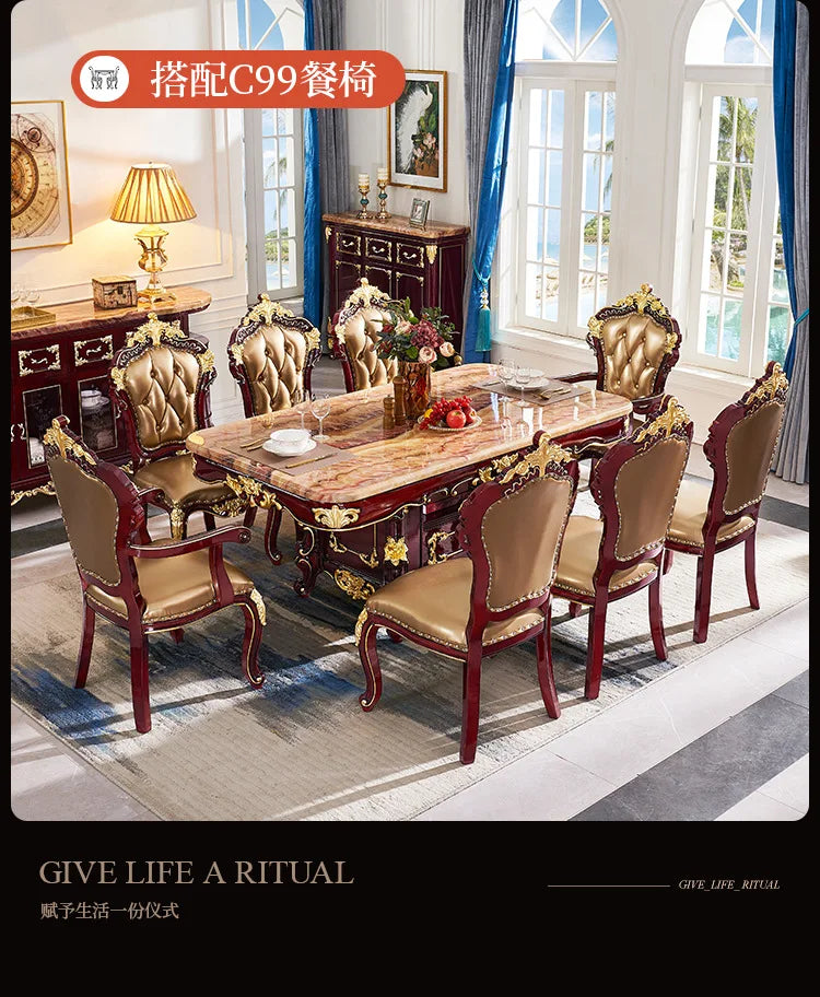 HLZ European Style Solid Wood Dining Table with Marble Top for Home Use, Villa Large Dining Table and Chair Set