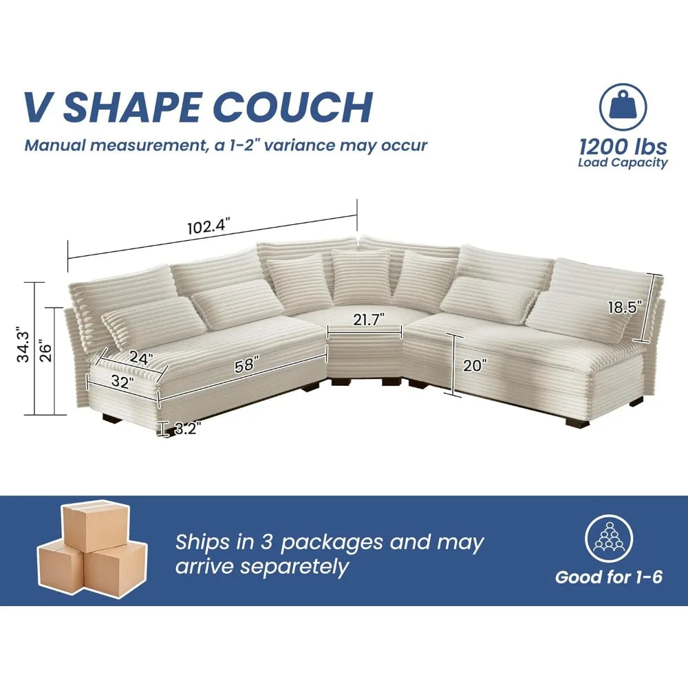 102" Luxury 5-Seater Sectional Couch – L-Shaped Corner Oversized Corduroy Cloud Sofa with 2-Layer Cushions for Living Room
