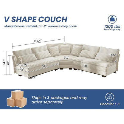 102" Luxury 5-Seater Sectional Couch – L-Shaped Corner Oversized Corduroy Cloud Sofa with 2-Layer Cushions for Living Room