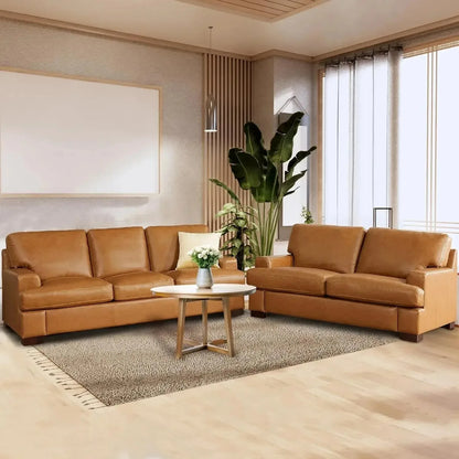 Genuine Leather Sofa - Luxurious Comfort, Goose Feather Cushion Filling, Square Arm Design, Sturdy Block Legs,
