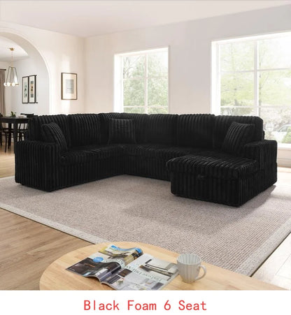 Modern Minimalist U-shaped Corduroy Striped Sofa with Pull-out Bed & Storage Chaise, Soft Black Couch for Stylish Living Room,