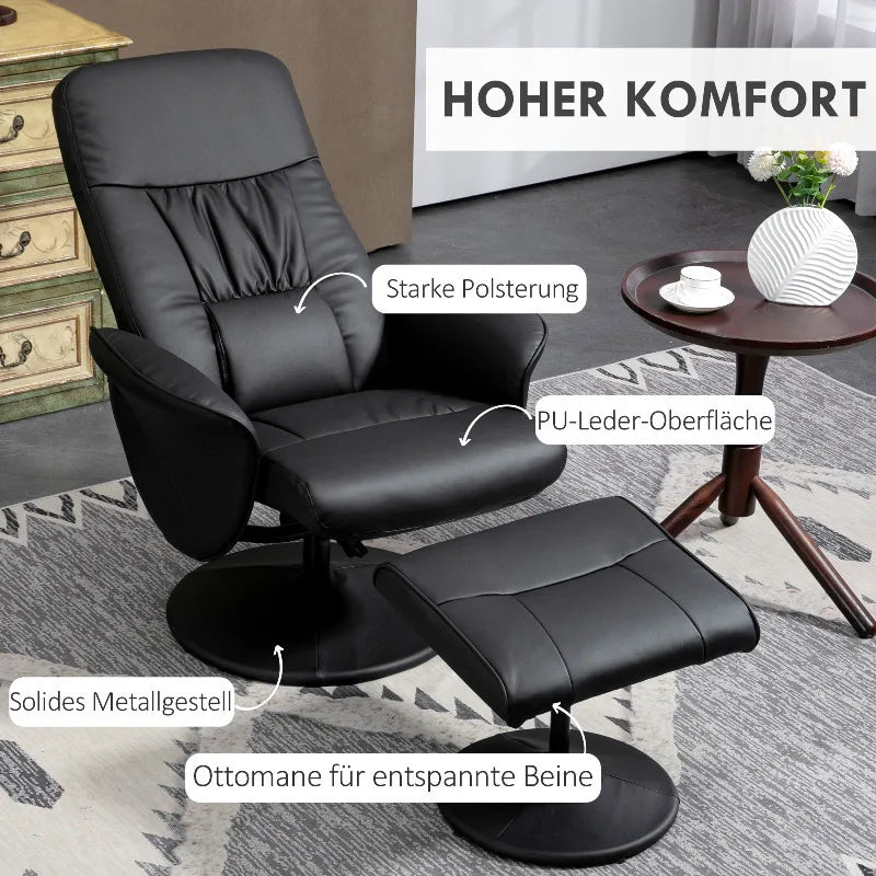 Reclining armchair with footstool, TV armchair, swivel upholstered armchair for living room, bedroom, faux leather, black