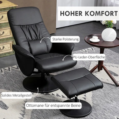 Reclining armchair with footstool, TV armchair, swivel upholstered armchair for living room, bedroom, faux leather, black