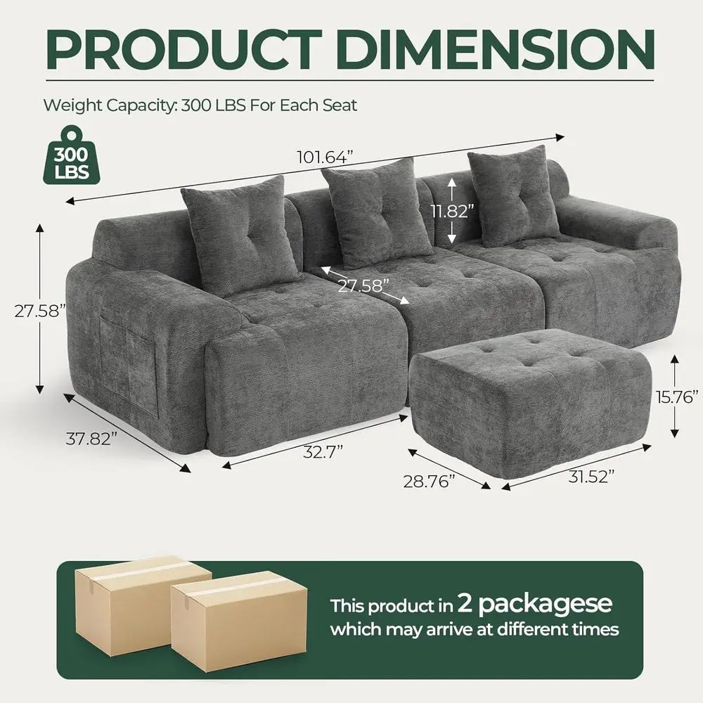 Modern Grey 3-Seater L-Shape Sectional Sofa with Movable Ottoman and Woven Texture Upholstery