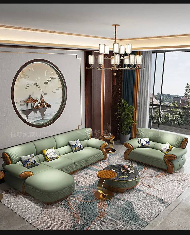 New leather sofa modern simple light luxury ebony solid wood new Chinese small apartment living room popular furniture