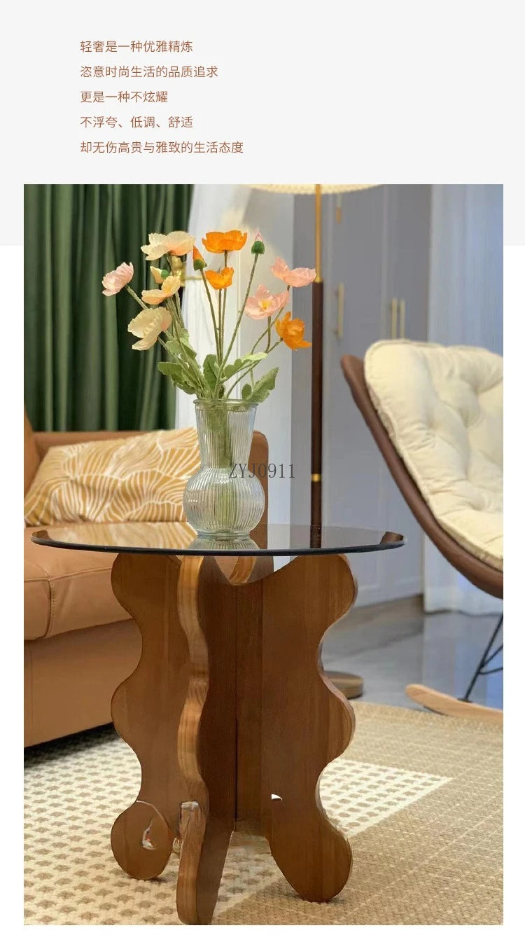 Table basse ondulée en bois massif, pétale rétro français, table créative en verre trempé, petite table ronde