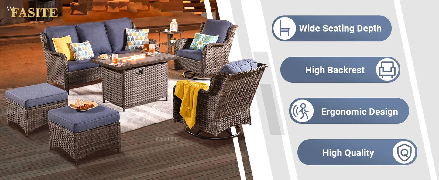 50,000 BTU Rectangular Propane Fire Pit Table 7-Piece High-Back Conversation Sofa and Matching Side Table,Grey Rattan Denim Blue