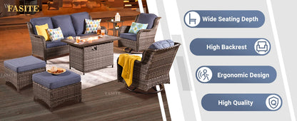 50,000 BTU Rectangular Propane Fire Pit Table 7-Piece High-Back Conversation Sofa and Matching Side Table,Grey Rattan Denim Blue